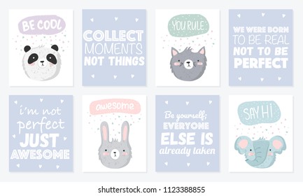 Vector set of cute postcards with funny animals, and lettering. Poster with adorable objects on background, pastel colors. Valentine's day, anniversary, save the date, baby shower, bridal, birthday
