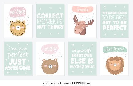Vector set of cute postcards with funny animals and lettering. Poster with adorable objects on background, pastel colors. Valentine's day, anniversary, save the date, baby shower, bridal, birthday
