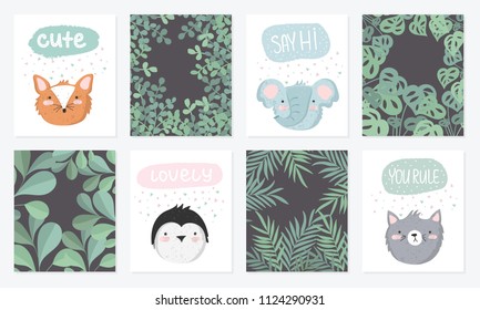 Vector set of cute postcards with funny animals, lettering and branches background. Poster with adorable objects on background. Valentine's day, anniversary, save the date, baby shower, birthday
