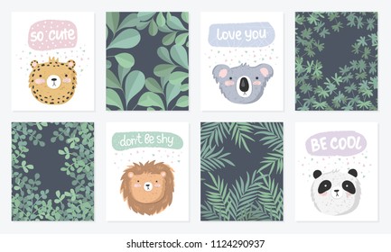 Vector set of cute postcards with funny animals, lettering and branches background. Poster with adorable objects on background. Valentine's day, anniversary, save the date, baby shower, birthday
