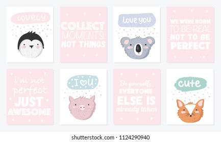 Vector set of cute postcards with funny animals and lettering. Poster with adorable objects on background, pastel colors. Valentine's day, anniversary, save the date, baby shower, bridal, birthday

