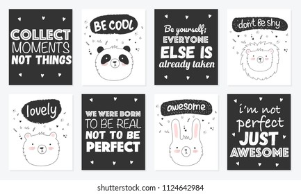 Vector set of cute postcards with funny animals and lettering. Poster with adorable objects on background. Valentine's day, anniversary, save the date, baby shower, bridal, birthday
