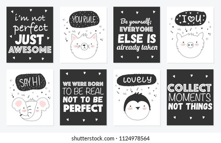 Vector set of cute postcards with funny animals and lettering. Poster with adorable objects on background. Valentine's day, anniversary, save the date, baby shower, bridal, birthday
