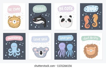 Vector set of cute postcards with funny animals and text. Poster with adorable marine objects on background, pastel colors. Valentine's day, anniversary, baby shower, bridal, birthday

