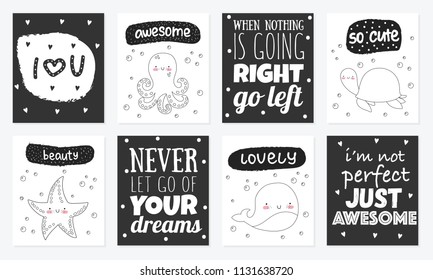 Vector set of cute postcards with funny sea animals and text. Poster with adorable marine objects on background. Valentine's day, anniversary, baby shower, bridal, birthday
