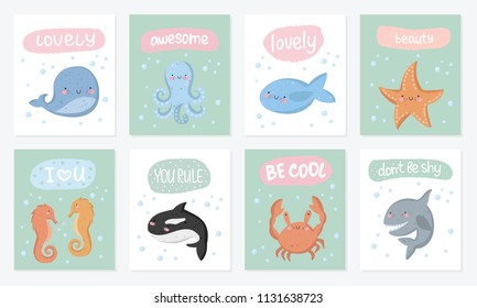 Vector set of cute postcards with funny sea animals. Poster with adorable marine objects on background, pastel colors. Valentine's day, anniversary, baby shower, bridal, birthday
