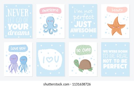 Vector set of cute postcards with funny sea animals. Poster with adorable marine objects on background, pastel colors. Valentine's day, anniversary, baby shower, bridal, birthday
