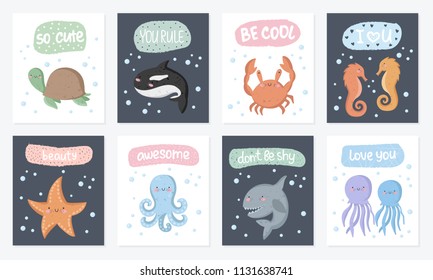 Vector set of cute postcards with funny sea animals. Poster with adorable marine objects on background, pastel colors. Valentine's day, anniversary, baby shower, bridal, birthday
