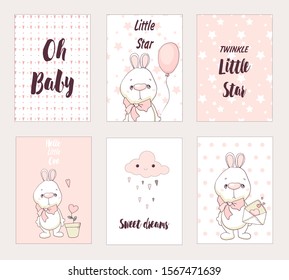 Vector set of cute postcards with funny rabbit pink pastel colors. Valentine's day, anniversary, save the date, baby shower, bridal, birthday