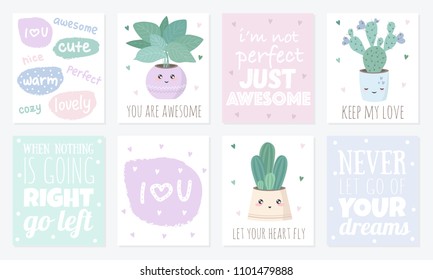 Vector set of cute postcards with house plants. Poster with adorable objects on background, pastel colors. Valentine's day, anniversary, save the date, baby shower, bridal, birthday
