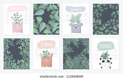 Vector set of cute postcards with house plant in funny animal pot. Poster with adorable objects on background, pastel colors. Valentine's day, anniversary, baby shower, bridal, birthday
