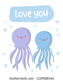 Vector set of cute poster with funny sea animal and text. Postcard with adorable jellyfish on background, pastel colors. Valentine's day, anniversary, baby shower, bridal, birthday
