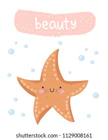 Vector set of cute poster with funny sea animal and text. Postcard with adorable starfish on background, pastel colors. Valentine's day, anniversary, baby shower, bridal, birthday
