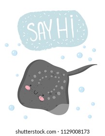 Vector set of cute poster with funny sea animal and text. Postcard with adorable stingray on background, pastel colors. Valentine's day, anniversary, baby shower, bridal, birthday
