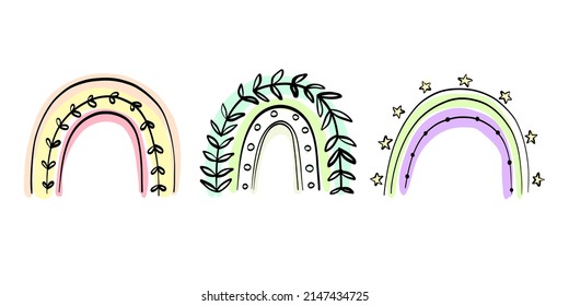 El vector puso un afiche lindo para los niños en los arcos de lluvia. Aislado en afiche grabable de fondo para niños. Colección para libros, tarjetas, tela, huellas para niños.