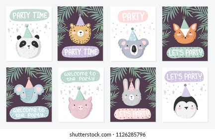 Vector set of cute posters with festive animals at a party and text. Postcard with adorable objects on background, pastel colors. Valentine's day, anniversary, baby shower, birthday, festival, feast
