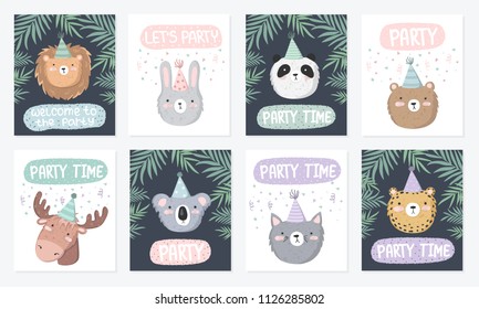 Vector set of cute posters with festive animals at a party and text. Postcard with adorable objects on background, pastel colors. Valentine's day, anniversary, baby shower, birthday, festival, feast
