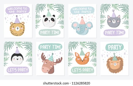 Vector set of cute posters with festive animals at a party and text. Postcard with adorable objects on background, pastel colors. Valentine's day, anniversary, baby shower, birthday, festival, feast
