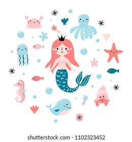 Vector set with cute princess mermaid and sea animals.