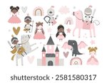 Vector set with cute princesses in pink dresses, knights in armor, castle, rainbow and dragon. Prince, king and queen. Fairytale characters. Little princess. Baby girl. Hand drawn illustration.
