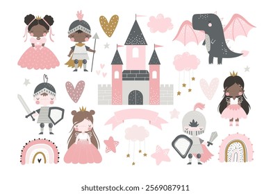 Vector set with cute princesses in pink dresses, knights in armor, castle, rainbow and dragon. Prince, king and queen. Fairytale characters. Little princess. Baby girl. Hand drawn illustration.