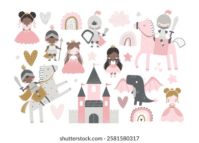 Vector set with cute princesses in pink dresses, knights in armor, castle, rainbow and dragon. Prince, king and queen. Fairytale characters. Little princess. Baby girl. Hand drawn illustration.