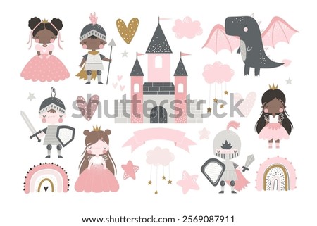 Vector set with cute princesses in pink dresses, knights in armor, castle, rainbow and dragon. Prince, king and queen. Fairytale characters. Little princess. Baby girl. Hand drawn illustration.