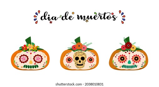 Vector - Set cute pumpkin on Dia De Muertos concept. Day of the dead. Mexican holiday season. Clip art. Bundle. Can be use decorate for poster, banner, web, print.