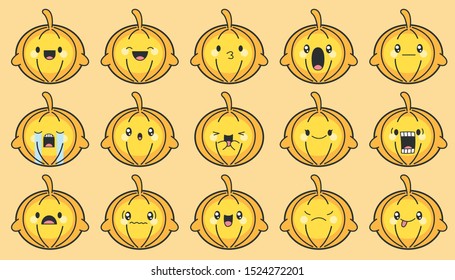 Vector Set Of Cute Pumpkins Celebrating Halloween. Kawaii Vector Set