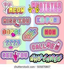 Vector set of cute quirky comic speech, quote bubbles, chat, cloud talk, comment, dialogue templates. Fashion patch badges, pins, stickers. Slang acronyms and abbreviations. 80s-90s style.