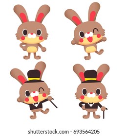 Vector set of cute rabbit characters in different action and costume isolated on white background.