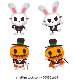Vector set of cute rabbit characters in different Halloween monster costume isolated on white background.