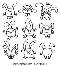 Vector  set cute  rabbits, black silhouettes  isolated on white.
