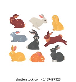 Vector set of cute rabbits in cartoon style. Bunny pet silhouette in different poses. Hare and rabbit colorful animals collection