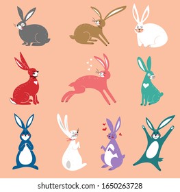Vector set of cute rabbits in cartoon style. Rabbits in cartoon style. Vector illustration. Draw vector illustration set design of cute rabbit. Doodle style. Bunny, cute characters.
