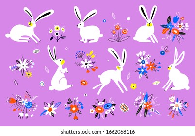 Vector set of cute rabbits in cartoon style. Illustration of hares. Hand drawn sitting, standing and running rabbits. Decorative elements of animals, plants for spring.