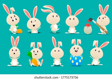 Vector set of cute rabbits in cartoon style. Bunny pet silhouette in different poses. Cute rabbit vector illustration. 