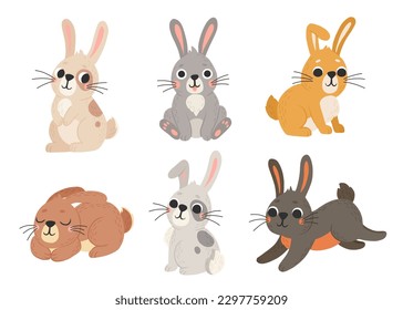 Vector set of cute rabbits in cartoon style. Bunny pet silhouette in different poses. Hare and rabbit colorful illustration for childrens book, postcards and posters.