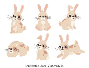 Conjunto vector de lindos conejos al estilo de las caricaturas. Silueta de mascotas confitadas en diferentes poses. Ilustración colorida de liebre y conejo para libros infantiles, postales y afiches.