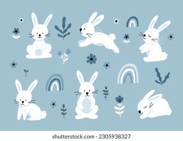 Vector set of cute rabbits in cartoon style. Bunny pet silhouette in different poses. Hare and rabbit colorful illustration for childrens book, postcards and posters.