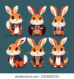 Vector set of cute rabbits in cartoon style. Bunny pet silhouette in different poses. Hare and rabbit colorful illustration for childrens book, postcards and posters.