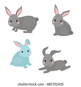Vector set of cute rabbits on white background. Rabbits made in cartoon style.