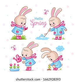 Vector set with cute rabbits with spring theme. Illustration with animals in various poses. Collection of hares in cartoon style.