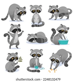 Conjunto de vectores de personajes adorables de mapaches al estilo de las caricaturas aislados de fondo blanco. Racoon con diferentes expresiones y poses faciales, jugando, comiendo y lavando. Dibujo aconsejable para los niños