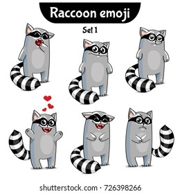 Vector set of cute raccoon characters. Set 1