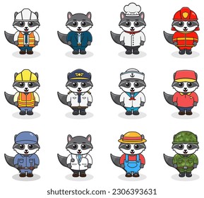 Vector set of cute Raccoon with different professions. Cartoon cute Raccoon dressed in different occupation uniform. Vector characters with jobs different occupation.