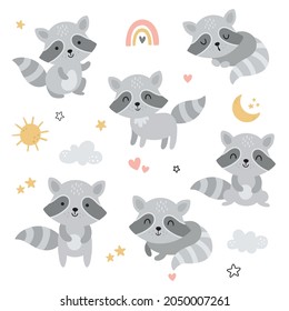 vector set of cute raccoons and elements, adorable children illustration