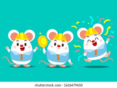 Vector set of cute rat characters in engineer costume in different actions