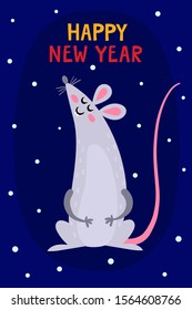 Vector set with cute rat and greeting text on blue background. Colorful cartoon mouse - symbol chinese happy new year 2020 used for magazine, stickers, cards, calendar.