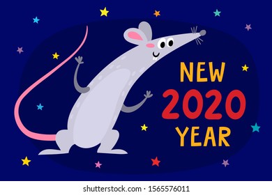 Vector set with cute rat and greeting text on blue background. Colorful cartoon mouse - symbol chinese happy new year 2020 used for magazine, stickers, cards, calendar.